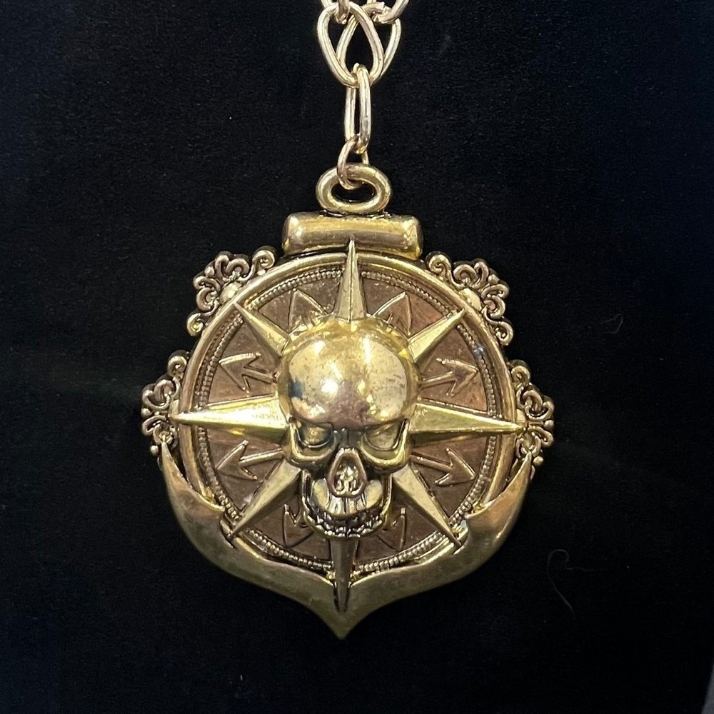 Gold Skull Compass Pirate Pendant Necklace Antique Finish Renaissance Faire Bike